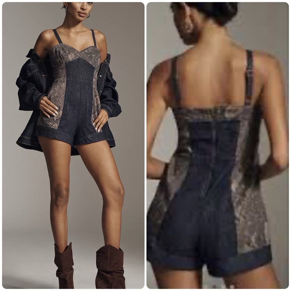 Pilcro Anthropologie Snake Print Denim Bustier Romper Shorts Size 4